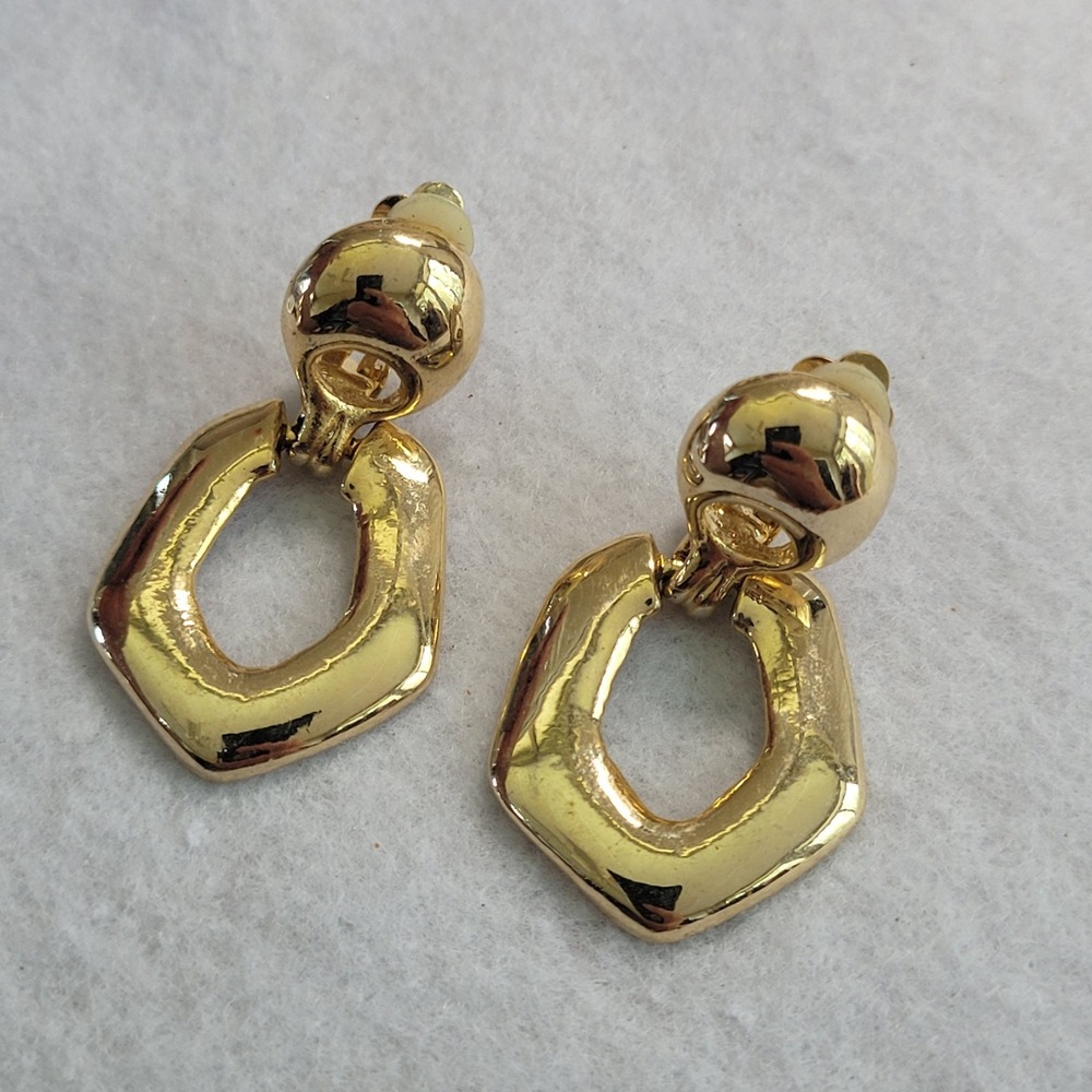 Vtg 80s Gold Tone Geometric Door Knocker Clip On Earrings Modernist Textured